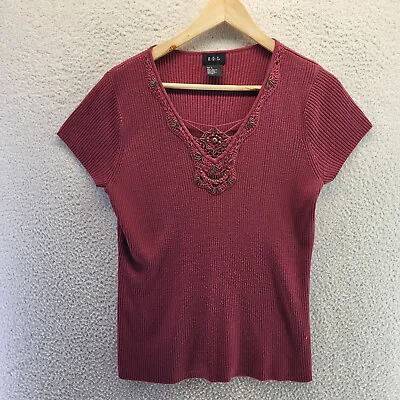 RQT Shirt Womens Large Maroon Short Sleeve Pullover Ribbed Blouse • $12.11