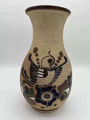 Tonala Mexican Pottery Vase 9 In. Bird Flowers Floral Signed Mexico • $21