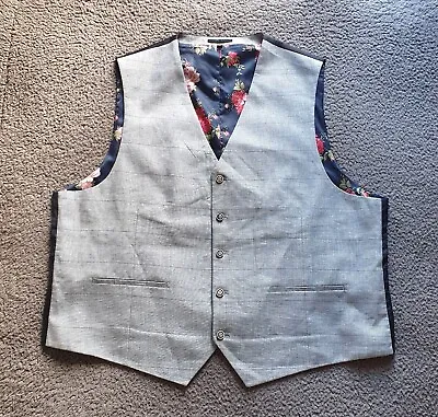 Joe Browns Waistcoat Mens 54R Grey Check Linen Blend V Neck Rose Floral Lining • £28.87