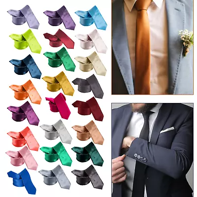 New Mens Ties Slim Solid Color Plain Smart Thin Satin Party Wedding Neck Tie Uk • £3.69