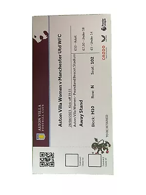 £2 • Buy Aston Villa Women V Manchester United Women Ticket Stub - 28/04/23