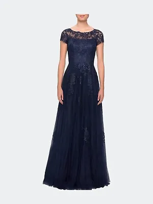 New LA FEMME Beaded Lace Rhinestone A-line Evening Gown In Navy Sz 16 $619 • $119.96