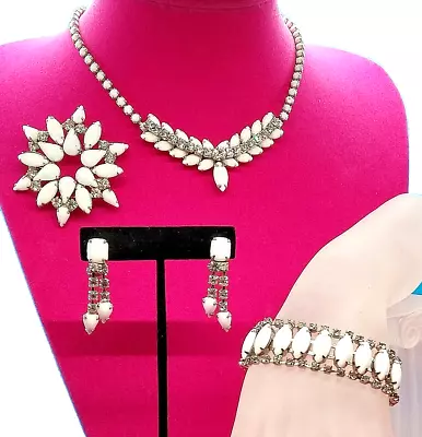 Vintage 50s Milk Glass Brooch Necklace Bracelet Earring Set Diamante Accents • $64.95