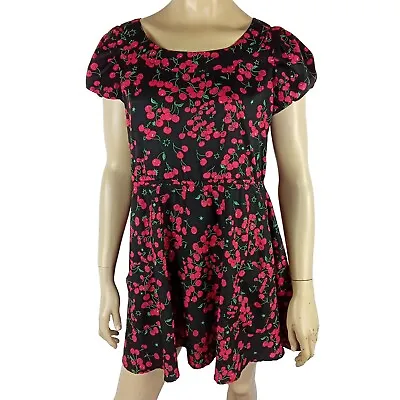 ILLUSTRATED PEOPLE Ladies Size M Dress Black Red Cherries Faces Print Pockets  • £15.18