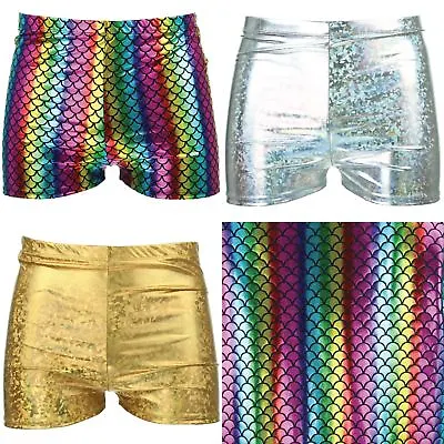 Mens Shorts Hot Pants Shiny Sparkling GOLD SILVER Mermaid Scales Festival Party • £12.90