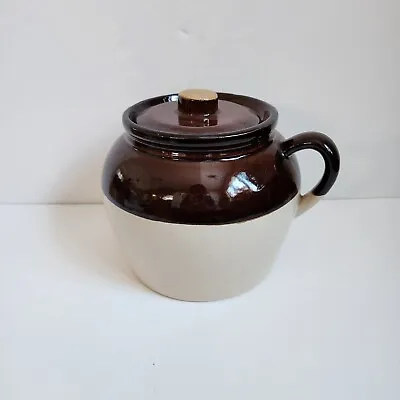 Vintage 2 Toned Stoneware Bean Pot One Handle Lid Crock • $14.99