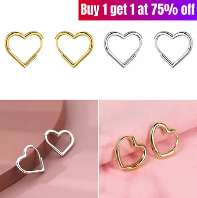 Womens Girls 925 Sterling Silver Love Heart Shaped Hoop Earrings Jewellery Gift • £2.97