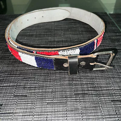 Handmade Beaded Red White & Blue Leather Belt USA America 34-38 Waist • $25