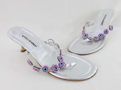 Manolo Blahnik Metallic Silver Leather Beaded Accent Thong Heel Shoe Sz 39 US 9 • $179.10
