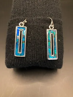 Blue/green Abalone Inlaid Rectangular Cut Out  Silver Tone Hook Earrings • £10