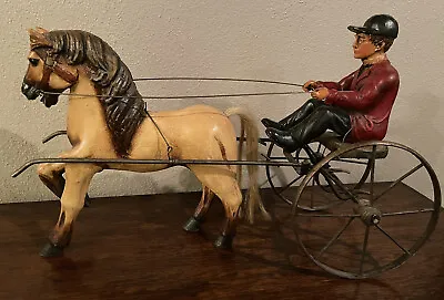 Vintage Horse And Racing Sulky With Jockey/Driver Figure Folk Art. 23” Long • $149.99