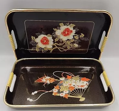 Vintage Set Of 2 Toyo Japan Black Lacquer Ware Floral Serving Trays • $17.10