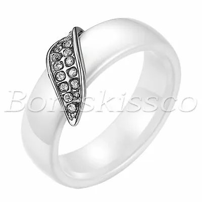 Women Men Stainless Steel Ceramic Full Rhinestone Leaf Shape Band Ring Size 6-10 • $10.99