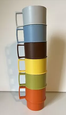 Tupperware Stackable Mugs Coffee Cups Blue Orange Yellow Green Vintage Set Of 6 • $18