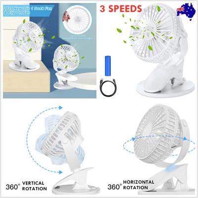 $13.90 • Buy 360° USB Portable Travel Clip On Mini Desk Fan 3 Speeds W/ Rechargeable Battery