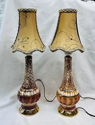 Vintage Ceramic Table Lamps  MCM Pair Silk Lined Shades Brown Gold • $89.55