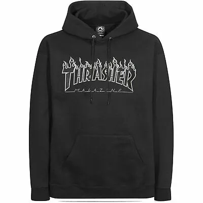 THRASHER SKATEBOARD MAGAZINE Flame Logo Hood Jumper BLACK BLACK | Hoodie Pullove • $106.79