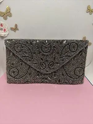 Zara Vintage Inspired Clutch Bag Silver Beads & Sequins Embellished VERY PRETTY! • £53.03