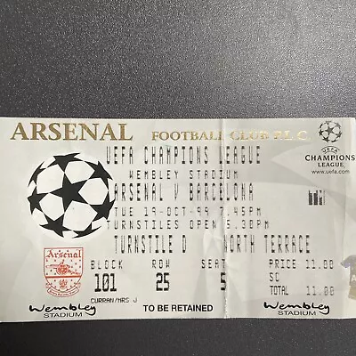 Arsenal V Barcelona(UEFA Champions League 99/00) 19/10/99 Ticket • £2.97