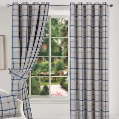 Woven Tartan Large Check Ring Top Eyelet Lined Curtains On Natural Base Colour • £11.98