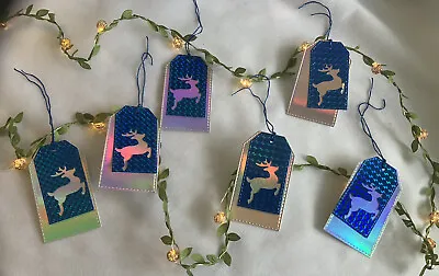 £3.25 • Buy Set Of 6 Handmade Christmas Gift Tags Blue Holographic Rudolph Reindeer