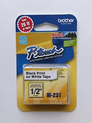 Brother P-Touch M-Tape 1/2 Inch 12mm M-231 Black Print On White Tape 26ft M231 • $8.95