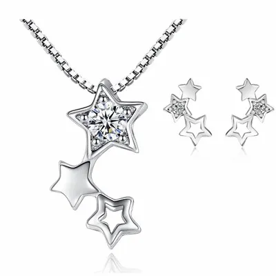 925 Sterling Silver Triple Star Chain Necklace Stud Earrings Womens Jewellery UK • £2.97