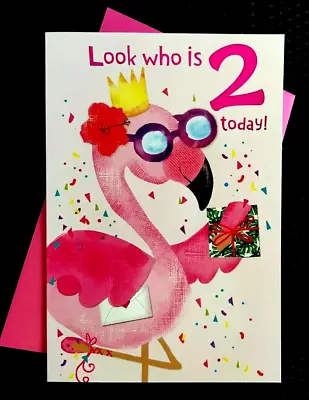 Girl's 2nd Birthday Card Flamingo 2 Year Old Girls Card Two Today Happy Second • £3.19