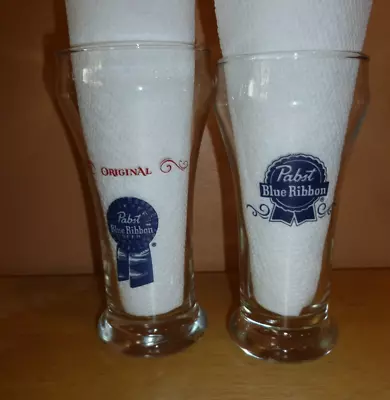 VINTAGE Lot Of 2 PBR PABST BLUE RIBBON BEER SMALL PILSNER GLASSES - 8 & 7  Oz • $10