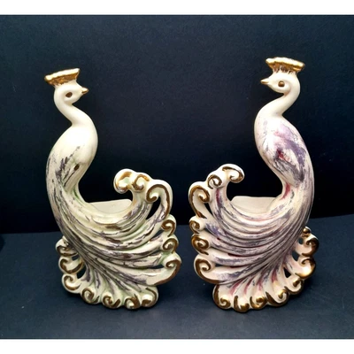 $69.95 • Buy VTG Hollywood Regency Pair Of Ceramic Peacock Figurines Statues 7.5 