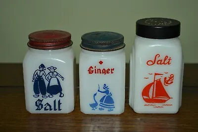 Vintage Spice Jars Retro Kitchen  Milk Glass  Hazel Atlas 1940 Dutch Ginger Salt • $17