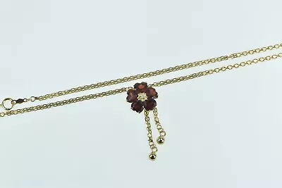 14K Garnet Flower Vintage Diamond Chain Necklace 17.5  Yellow Gold *93 • $379.95