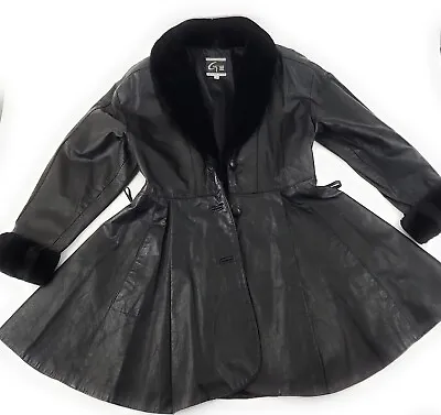 Vintage Womens G3 Black Leather Fur Trim Flared Stroller Coat  • $79