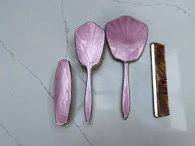 £30 • Buy Adie Brothers Birmingham Silver Dressing Table Set Pink Cloisonné Mirror Brushes