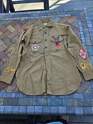 Vintage Eagle Scout Boy Scout Denim Material Uniform Shirt W Metals & Patches • $82