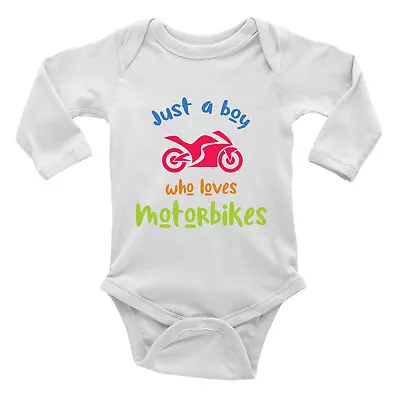 Boy Who Loves Motorbikes Baby Grow Vest Bodysuit Rider Helmet Leather Boys L/S • £5.99