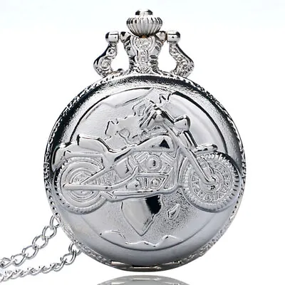 Silver Pocket Watch Motorcycles Design Quartz Watch With Necklace Women Men Gift • $4.68