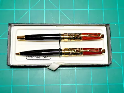 Montefiore Black And Wood Grain Ball Point Pens With Brass Colored Accent Bands • $19.99