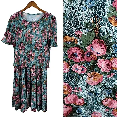 Vintage 80s Dress Size 6 Petite Floral Lace Print Midi Pleated Rose Cottagecore • $26.99