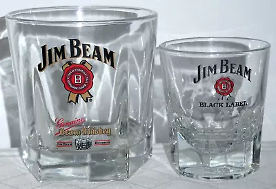 2 Jim Beam Genuine Beam Whiskey Glasses Sturdy Hotel Quality 9&7cm High Black La • $34.99