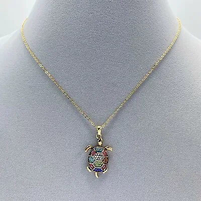 Dainty Multi Rhinestones Sea Life Animal Turtle Mini Pendant Gold Tone Necklace • $9.99