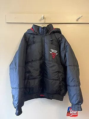 Vintage Chicago Bulls FANS GEAR Embroidered Black Hooded Puffer Jacket Size XL • $75