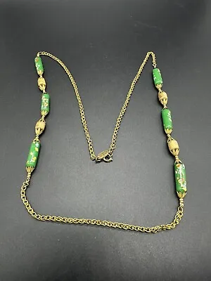 Vtge MIRIAM HASKELL Poured Green Glass Beads FLAPPER Chain NECKLACE 31” • $189.15