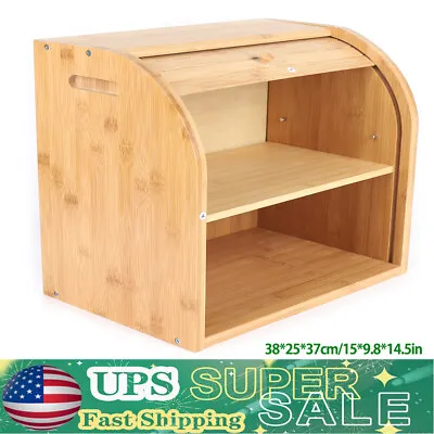 2-Layer Bread Box Bread Keeper Bamboo Wood With Lid Kitchen Storage Containers • $42.75