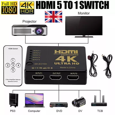 5 Port HDMI 4K Switch Switcher Selector Splitter Hub IR Remote For HDTV 1080p UK • £6.95