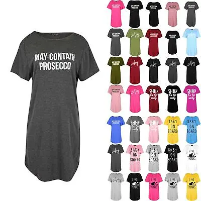 Womens Ladies Longline CONTAINS PROSECCO Oversize Tunic T Shirt Curved Hem Dress • £4.49