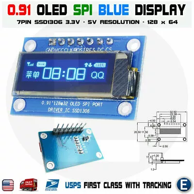 7PIN SPI 0.91  Inch Blue 128x32 OLED LCD Display Screen SSD1306 For Arduino R3 • $3.64