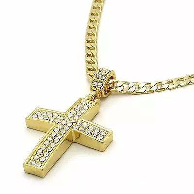 Mens 14k Gold Plated Fully Cubic-Zirconia Cross Pendant 24  Cuban Chain 04 • $12.99