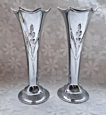 Pair Of Metal Stem  Bud Rose Flower  Posy Vases Silver Tone Colour 13cms Tall • £10