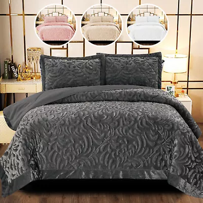 3 PCS Velvet Quilted Bedspread Throw & Pillow Shams Double King Size Bedding Set • £24.69